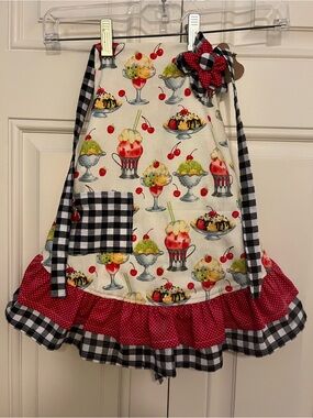 Girls Ice Cream Apron with Red, Black, White and Cherry Accents